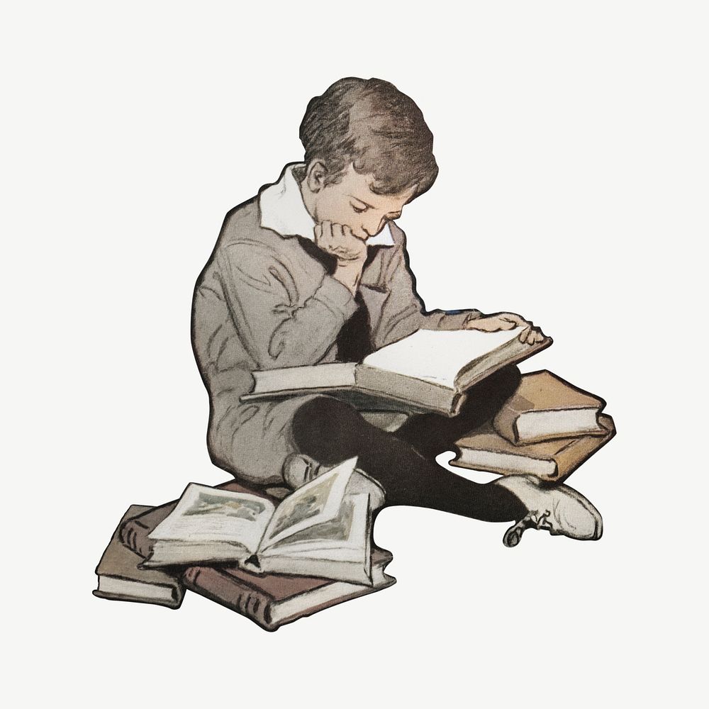 Boy reading books, vintage collage element psd