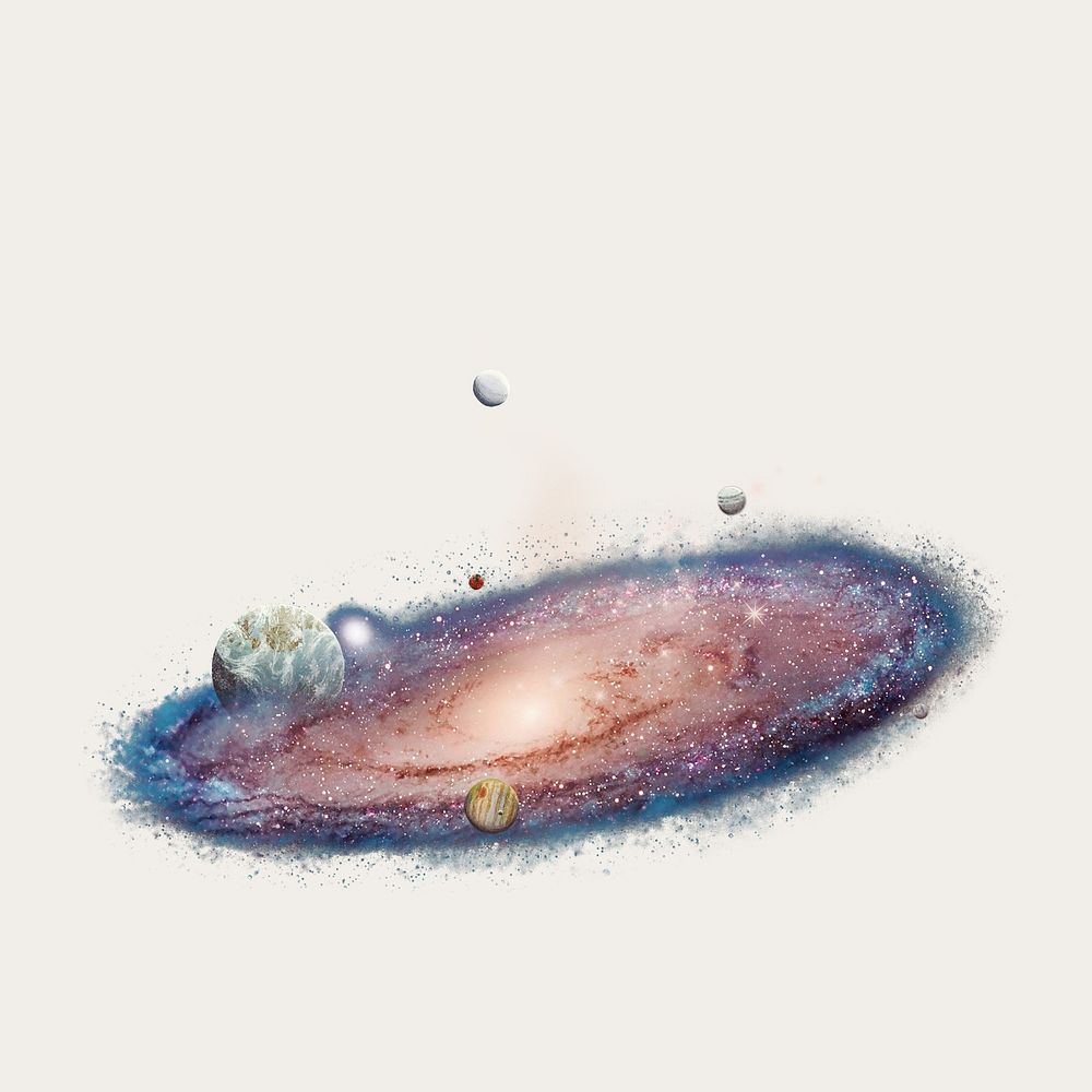 Spiral nebula, floating planets galaxy graphic