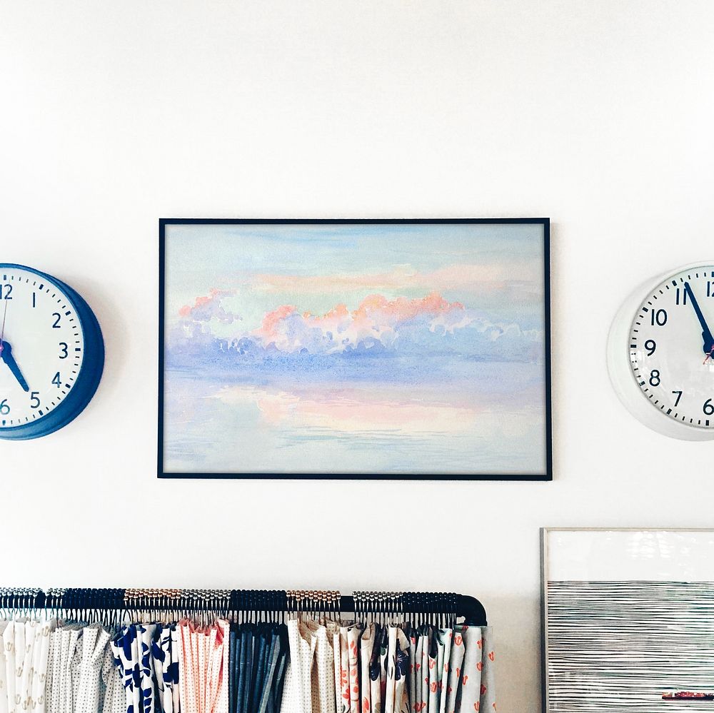 Pastel sky painting framed on a wall. Remixed by rawpixel.