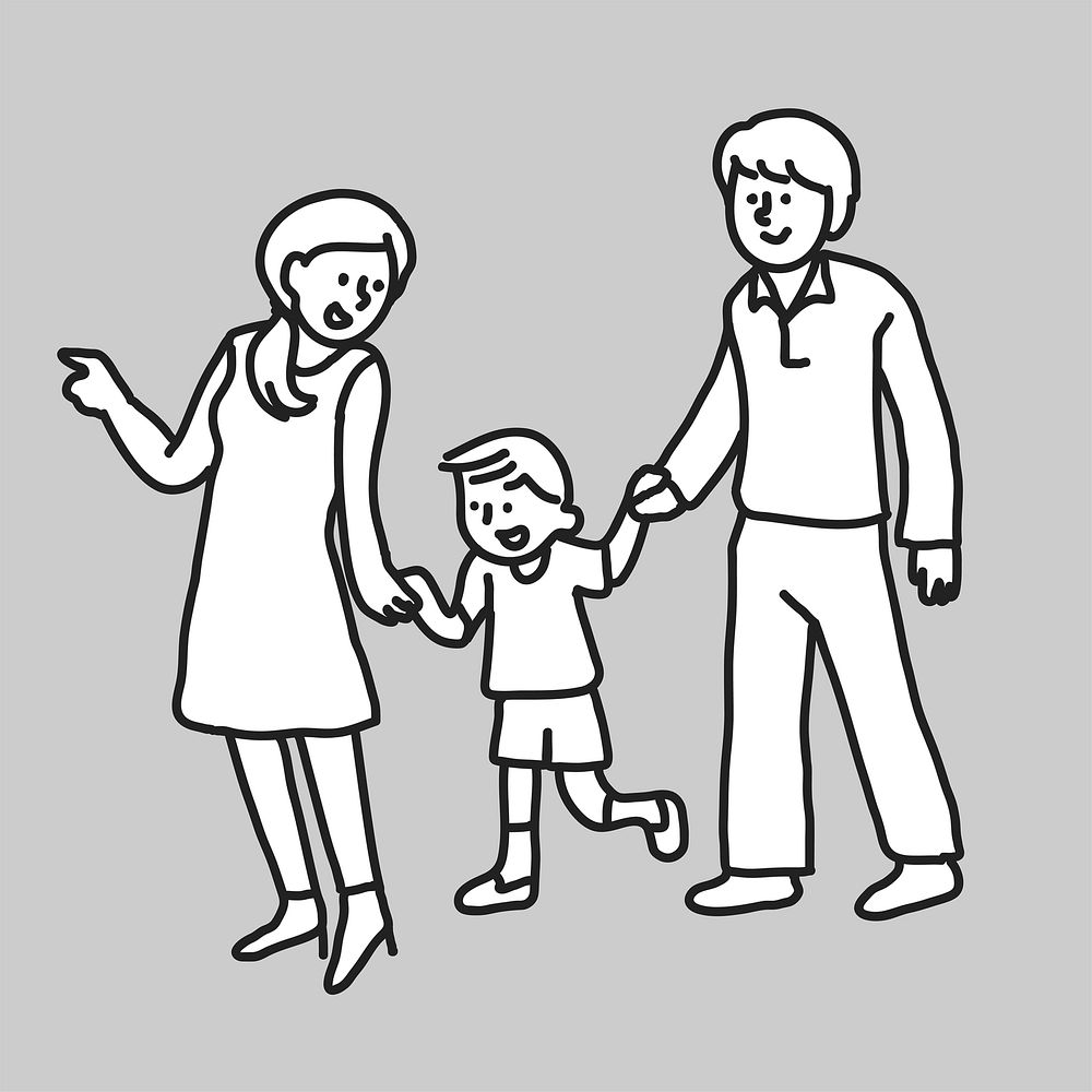Family walk mother father son line drawing vector
