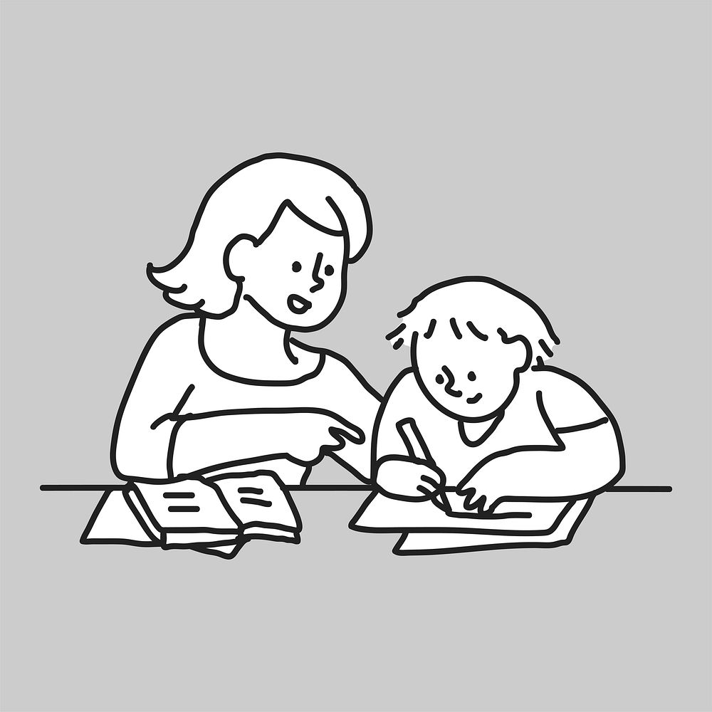 Mom helping kid homework line art  illustration