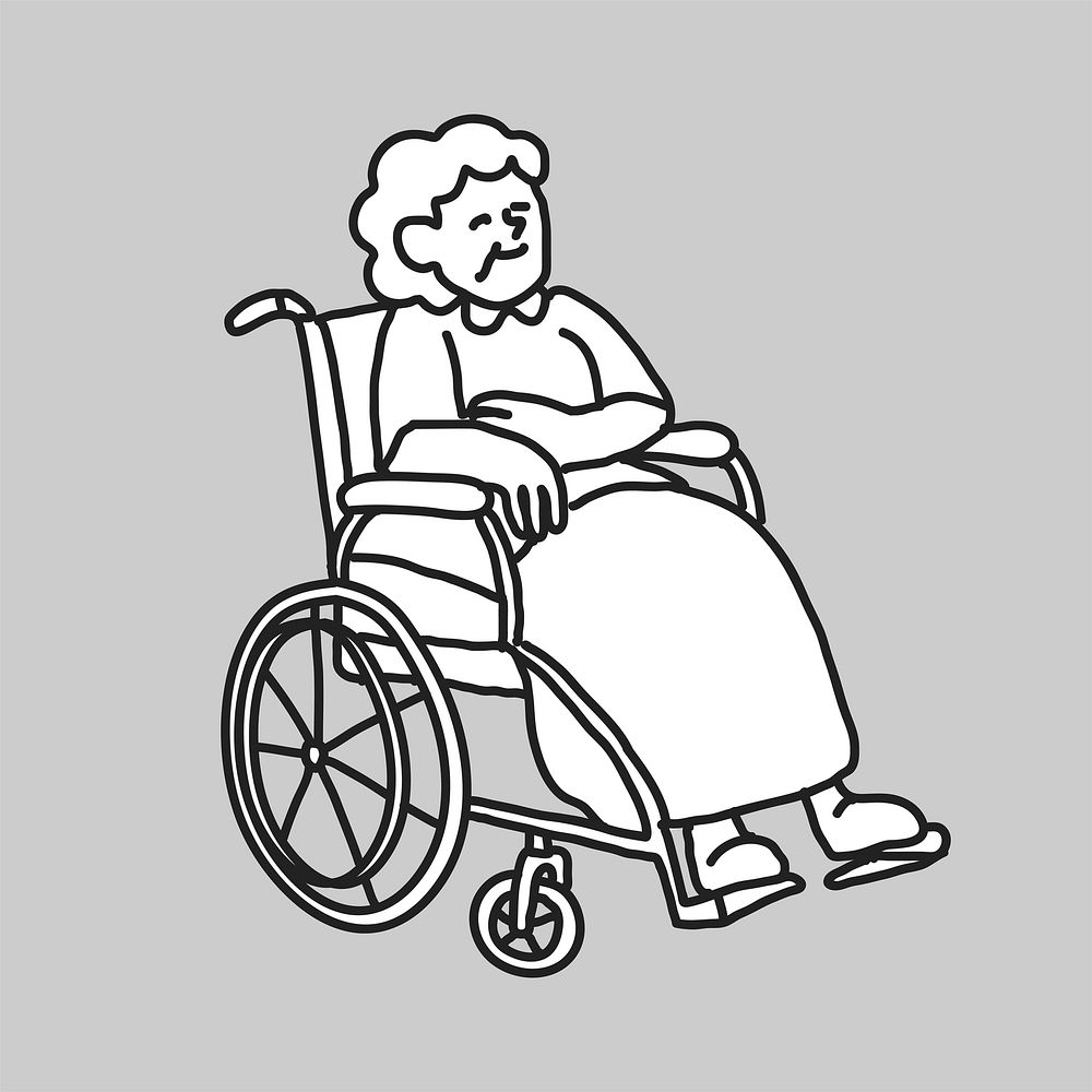 Woman patient on wheel chair line drawing  illustration