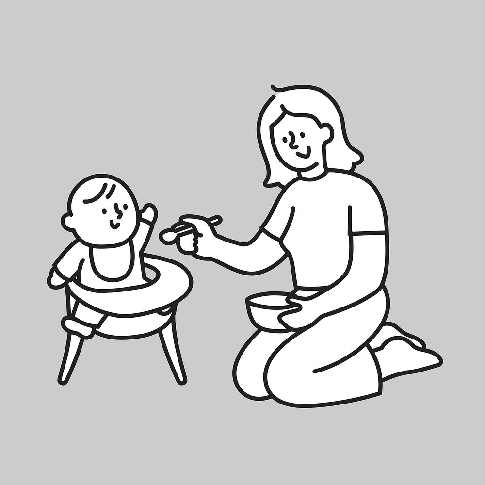Mom feeding baby line art illustration