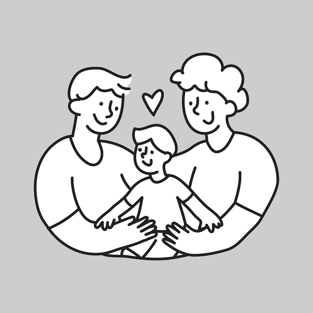 Two fathers with child line drawing illustration