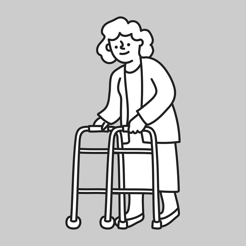 Grandmother with walker line drawing  illustration