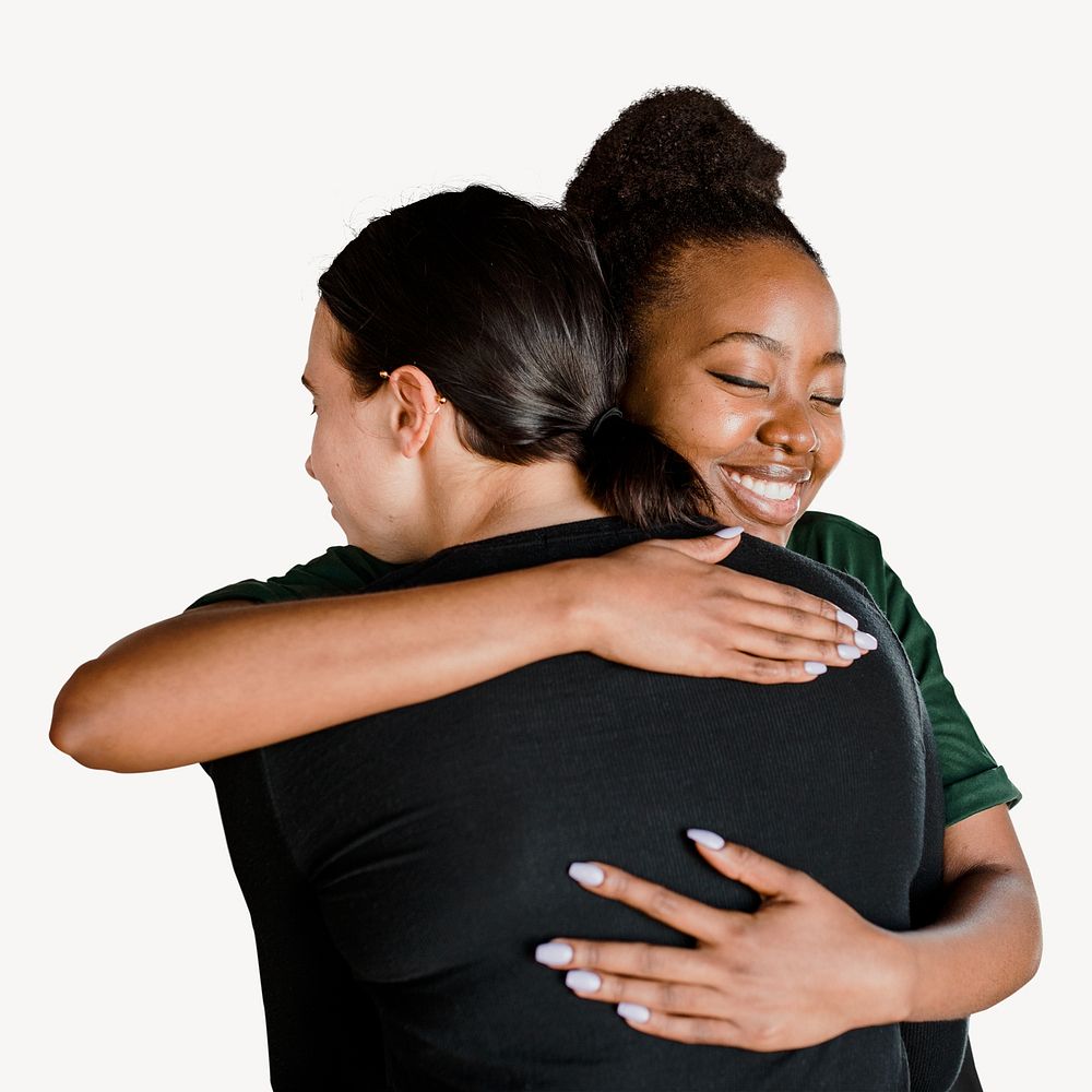 Women hugging each other isolated image