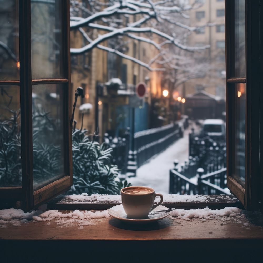 Coffee on snowy day AI generated image