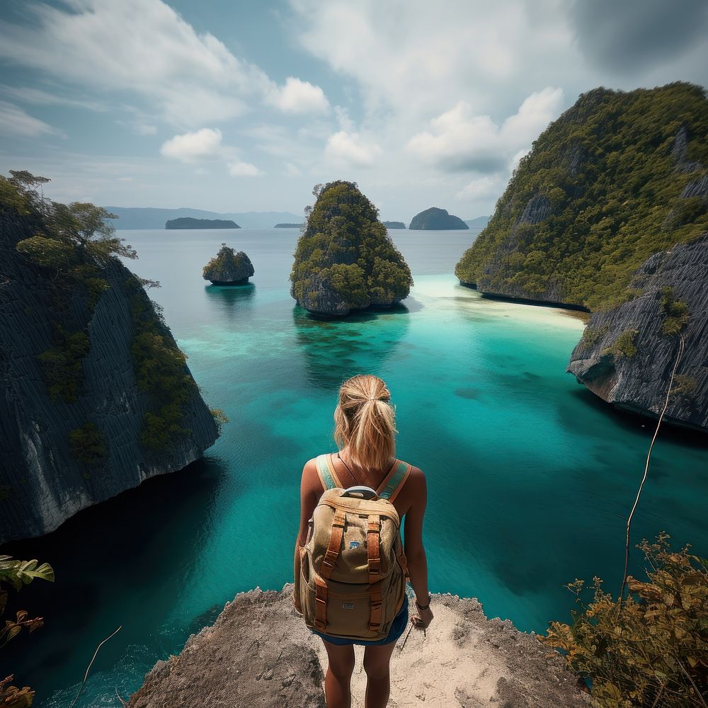 Female backpacker at island's cliff AI generated image