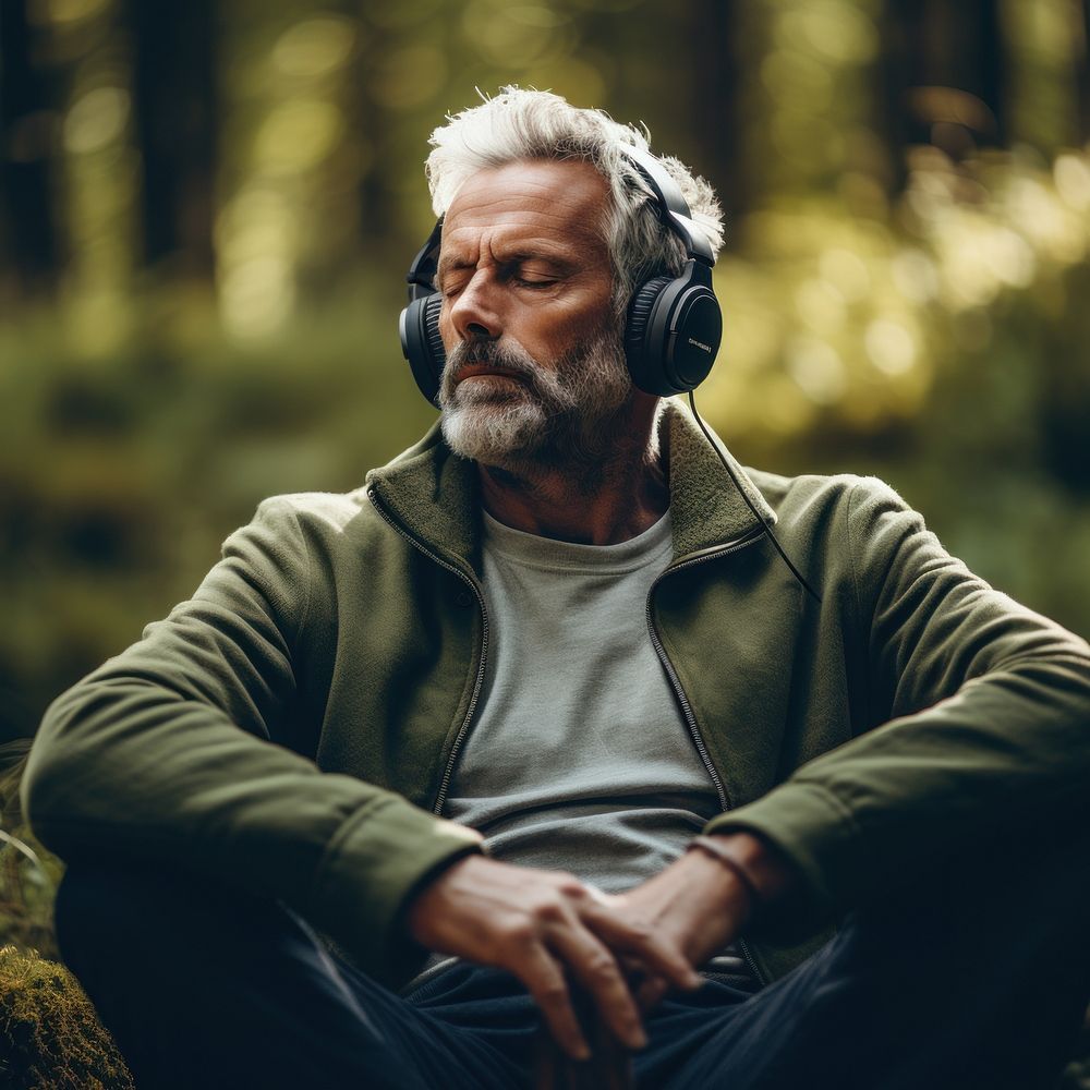 Man with headphones in forest AI generated image