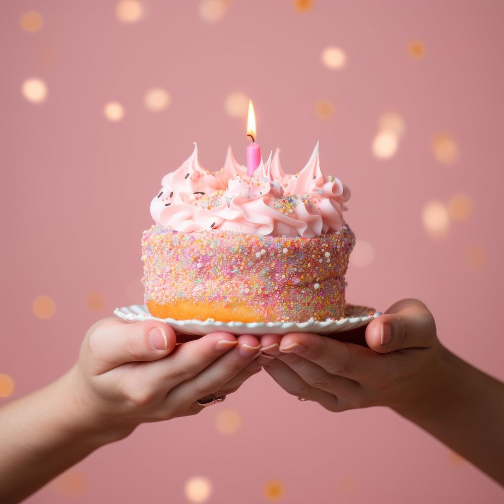 Hand holding birthday cake in studio pink pastel background. AI generated Image by rawpixel.
