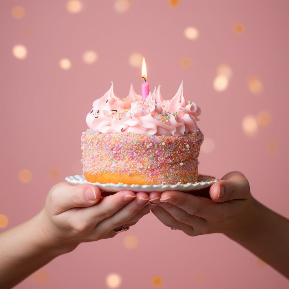 Hand holding birthday cake in studio pink pastel background. 