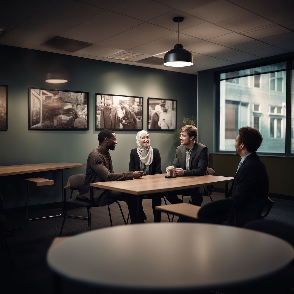 Diverse teammates talking in coffee room AI generated image