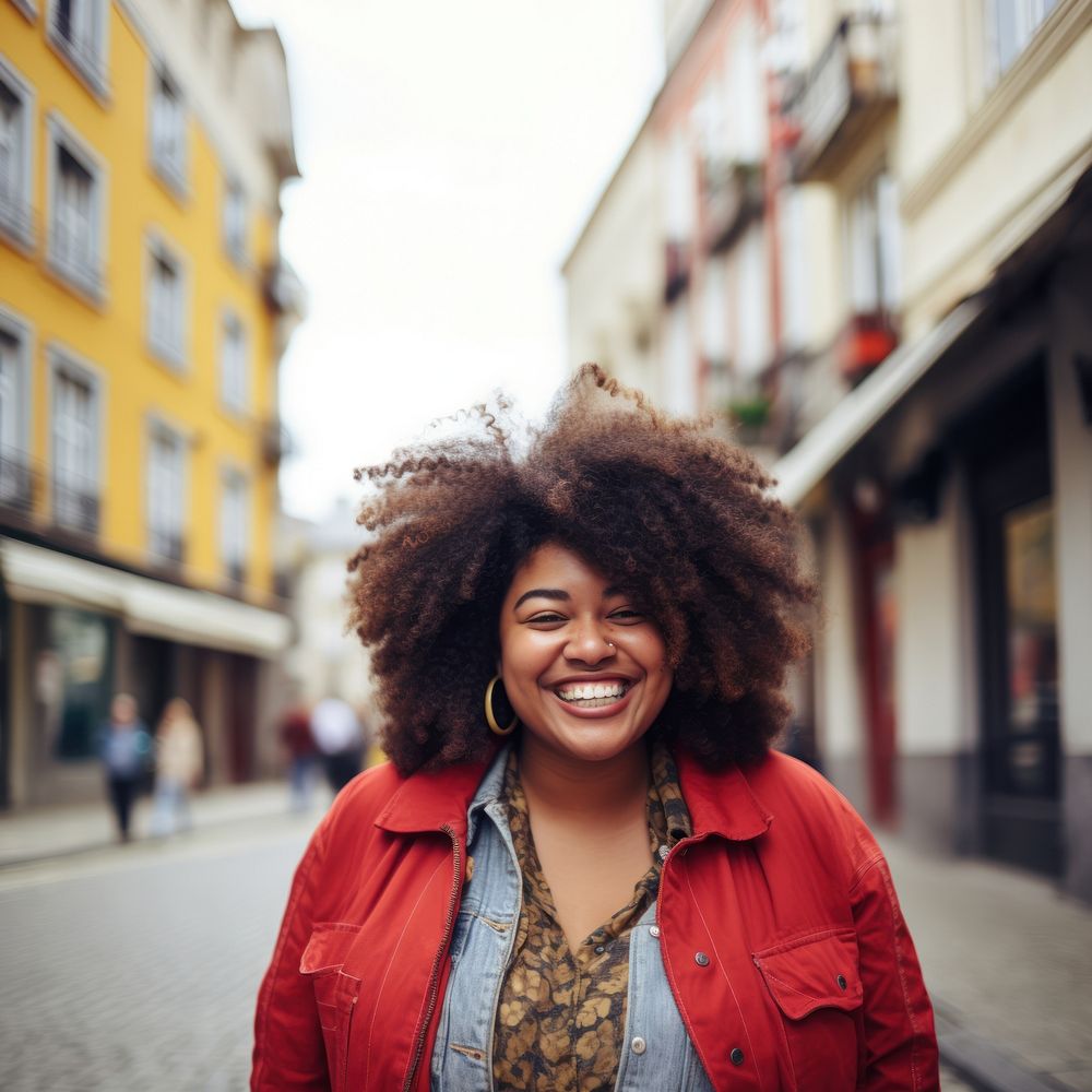 Happy black woman in city. AI generated image