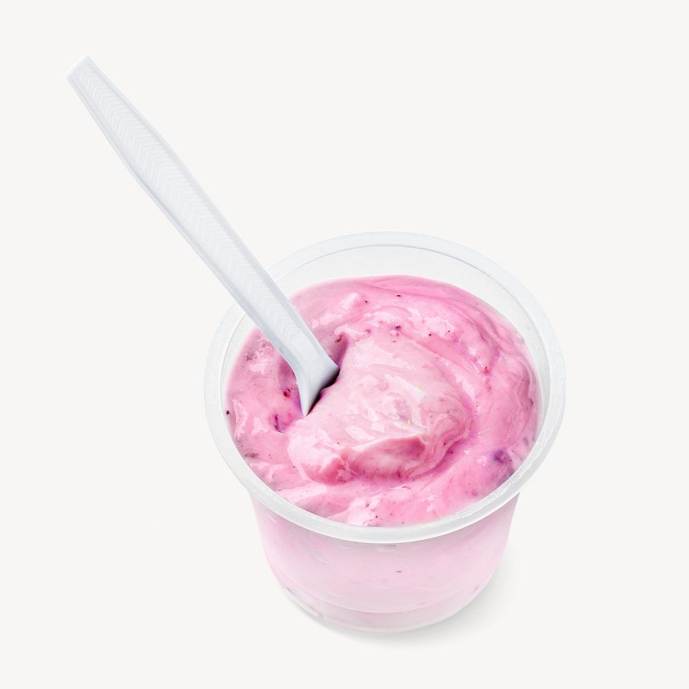 Cup of strawberry yogurt with spoon