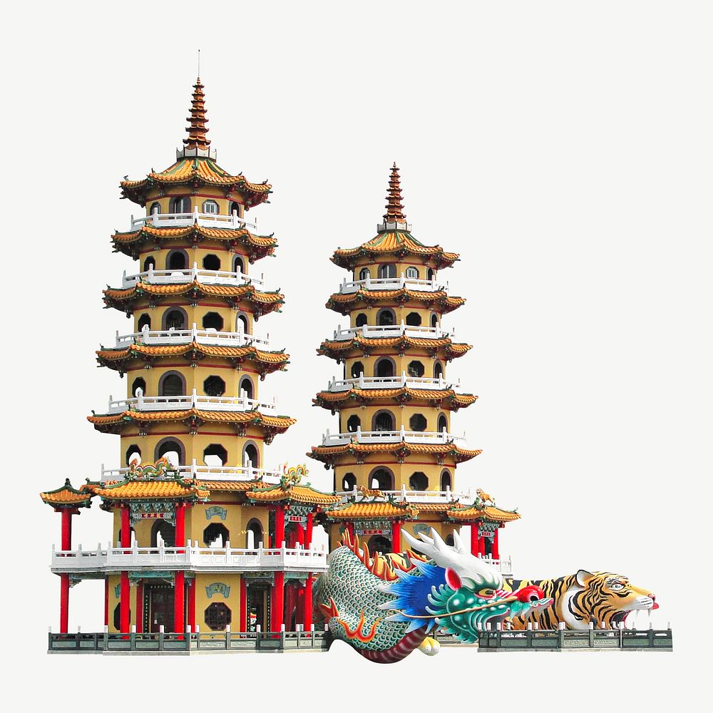 Dragon and Tiger pagodas in Taiwan collage element psd