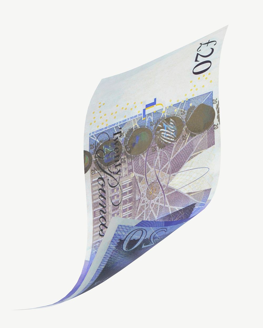20 British pounds bank note, collage element psd