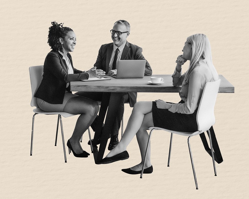 Businesspeople discussing at a table collage element psd