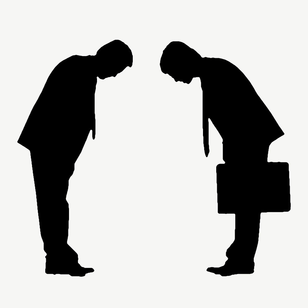 Silhouettes of Asian businessmen bowing collage element psd