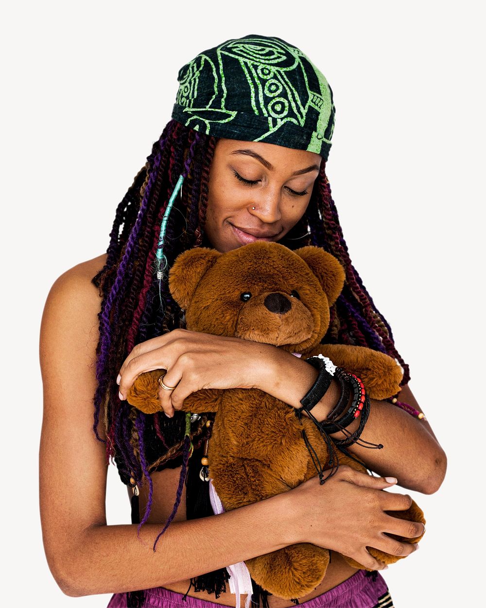 Woman hug teddy bear isolated image on white