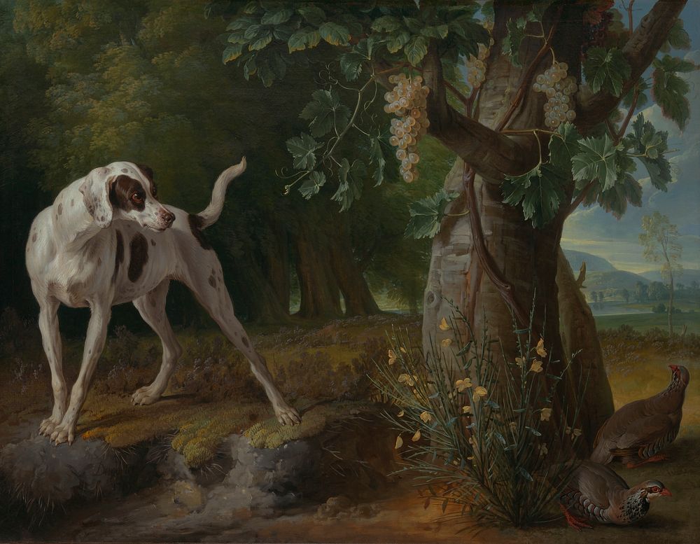 Dog Pointing Partrideges in a Landscape by Alexandre Francois Desportes