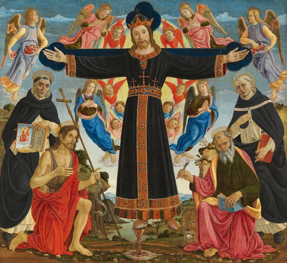 Christ on the Cross with Saints Vincent Ferrer, John the Baptist, Mark and Antoninus by Master of the Fiesole Epiphany
