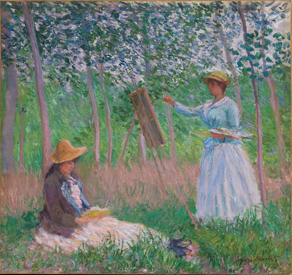 In the Woods at Giverny: Blanche Hoschedé at Her Easel with Suzanne Hoschedé Reading by Claude Monet