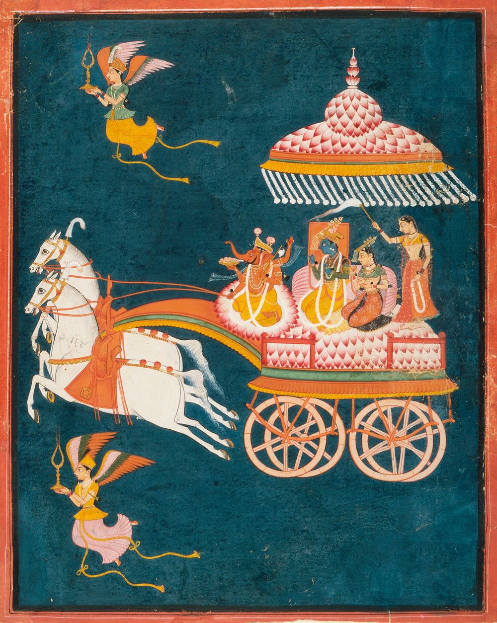 Krishna and Rukmini as Groom and Bride in a Celestial Chariot Driven by Ganesha