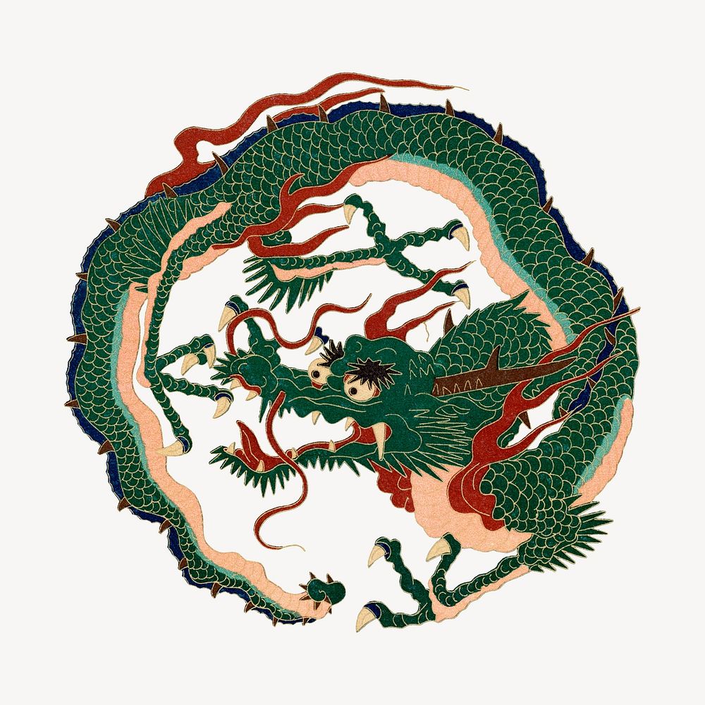 Green Japanese dragon, mythical creature illustration. Remixed by rawpixel.