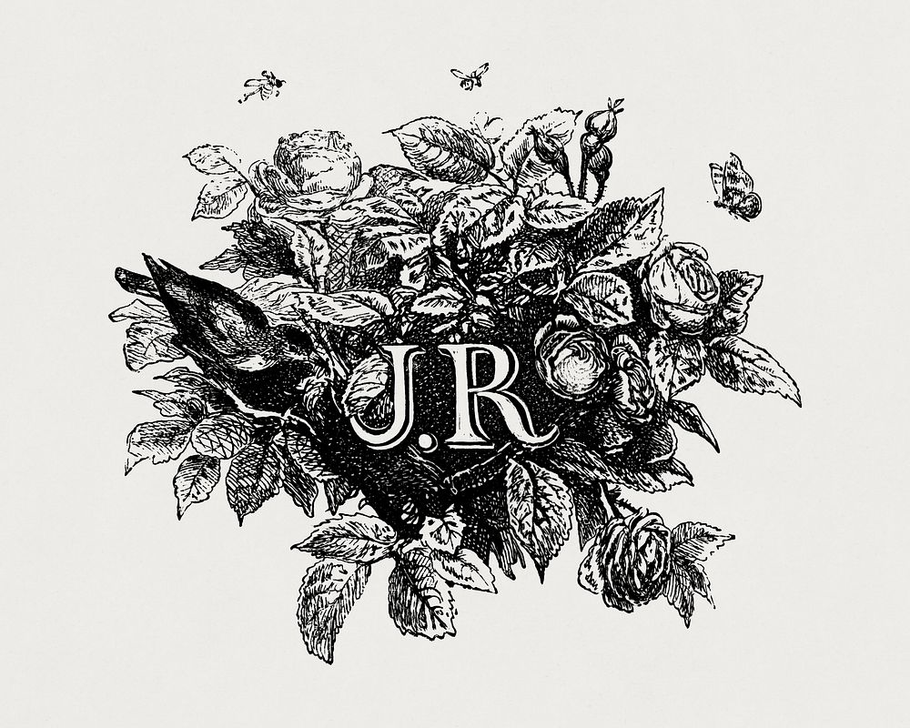 J.R initial chromolithograph, vintage English letters by Fran&ccedil;ois-Fr&eacute;d&eacute;ric Grobon.  Public domain image…