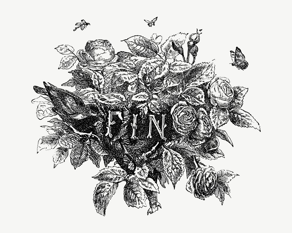 FIN word, vintage rose bush collage element psd  by François-Frédéric Grobon. Remixed by rawpixel.
