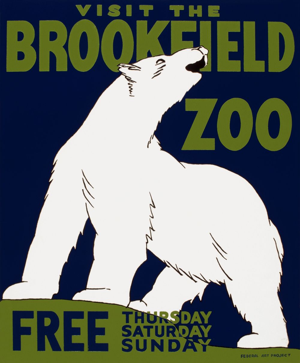 Visit the Brookfield Zoo, WPA poster (1936) chromolithograph by Carken for the Illinois Federal Art Project, Works Progress…