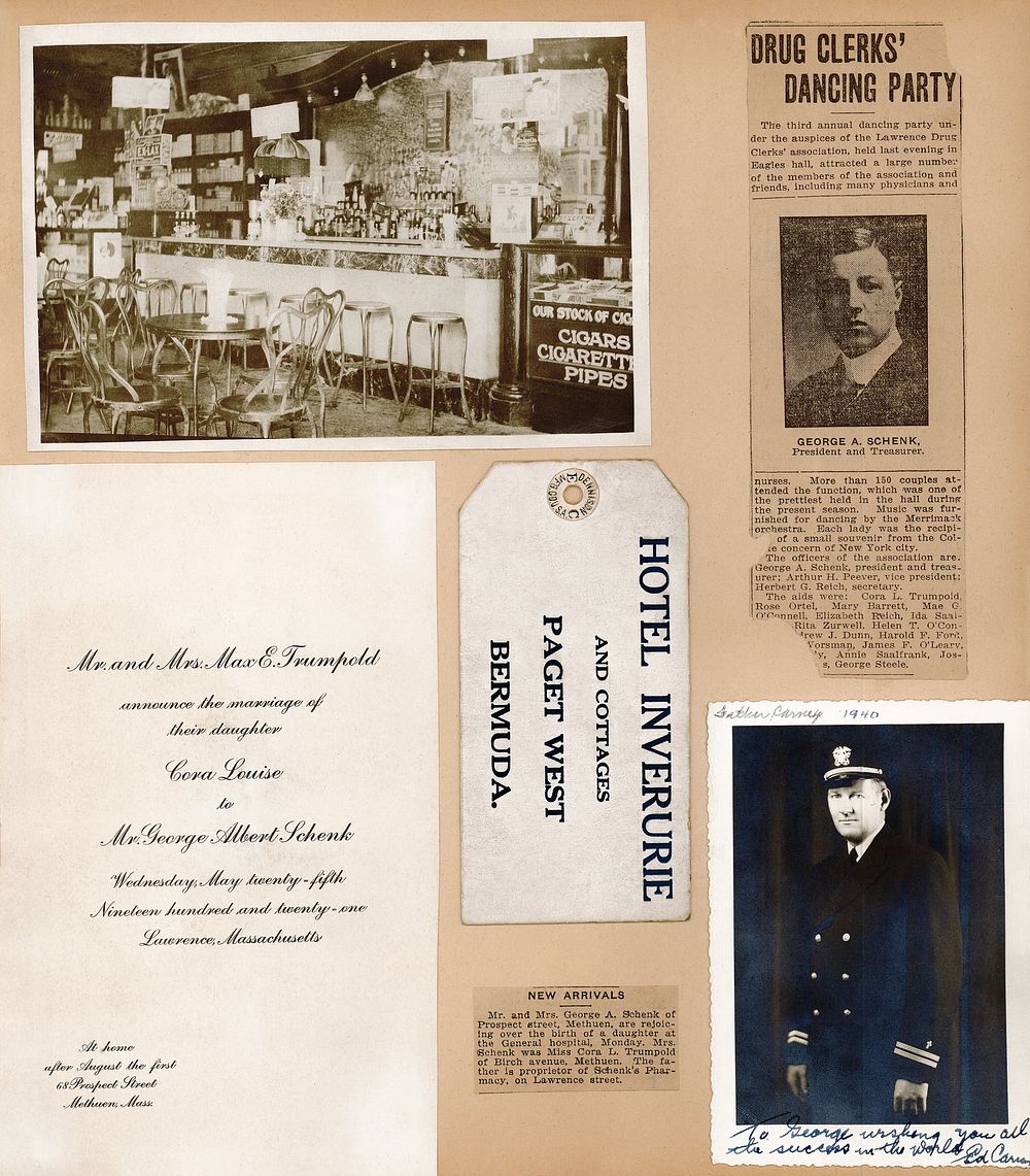 Schenk family scrapbook pages (1917&ndash;1940), vintage ephemera. Original public domain image from Digital Commonwealth. …