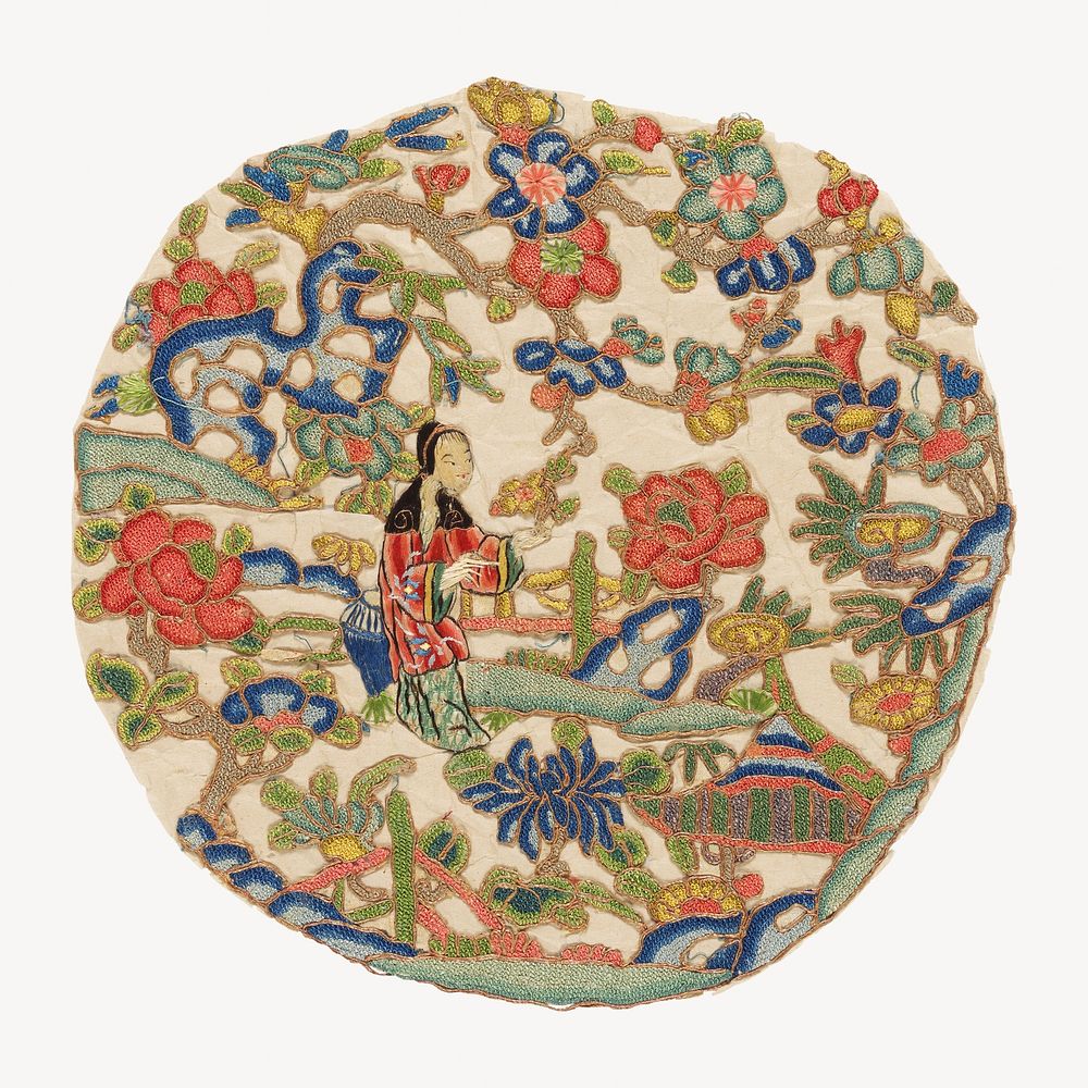 Roundel (19th century), Japanese woman in a garden, silk embroidery. Original public domain image from The Smithsonian…