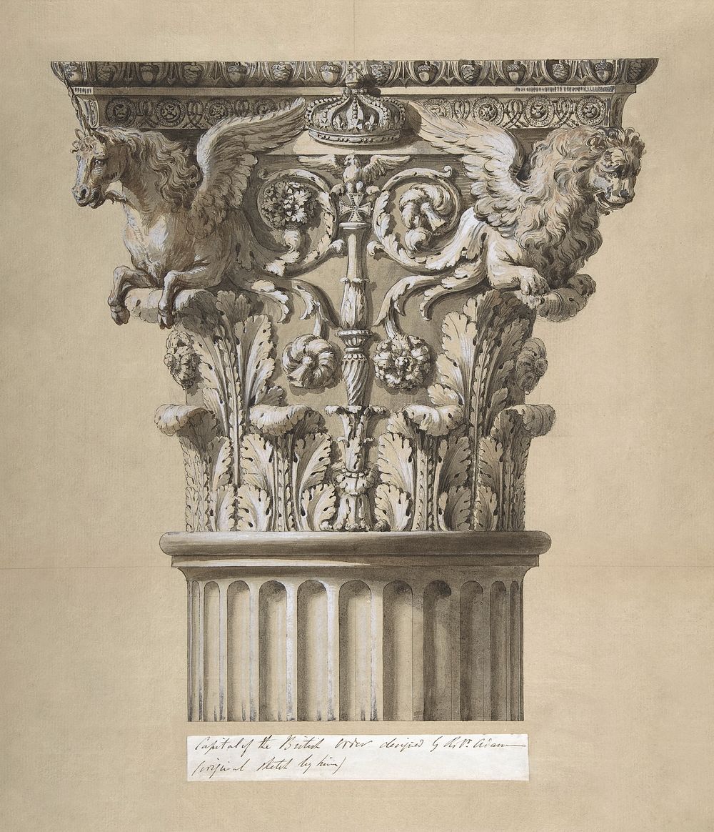 The British Order: Elevation of a Capital and Part of the Fluted Shaft (1762) watercolor art by James Adam. Original public…