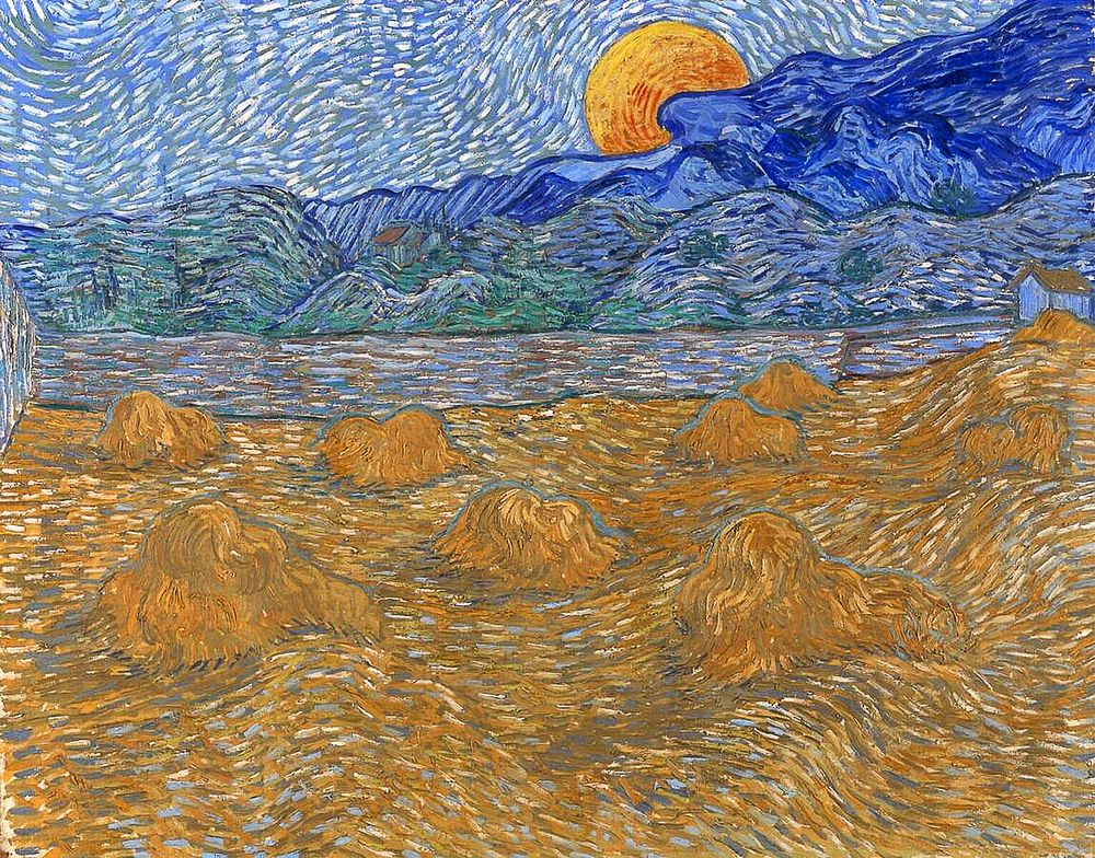 Vincent van Gogh's Landscape with Wheat Sheaves and Rising Moon (1889) oil painting art. Original public domain image from…
