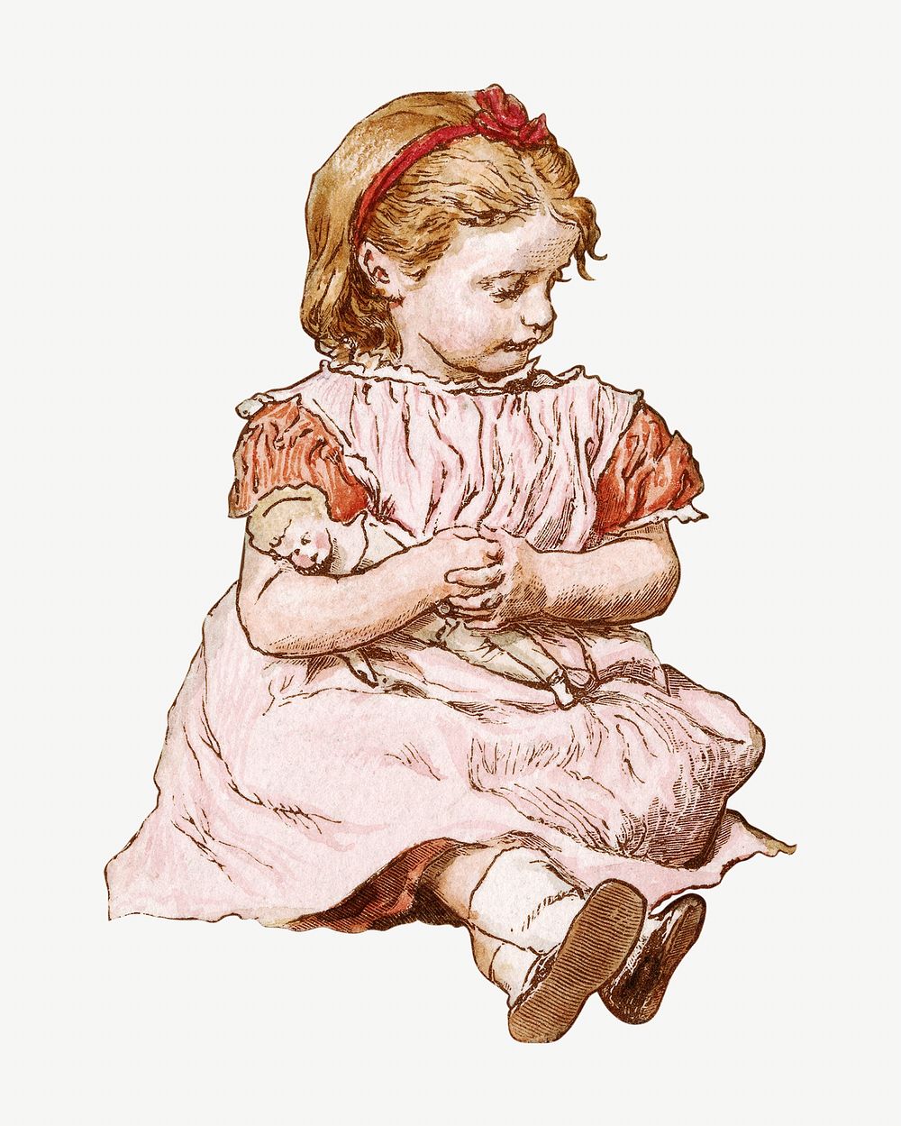 Little girl sitting illustration. Remixed by rawpixel.