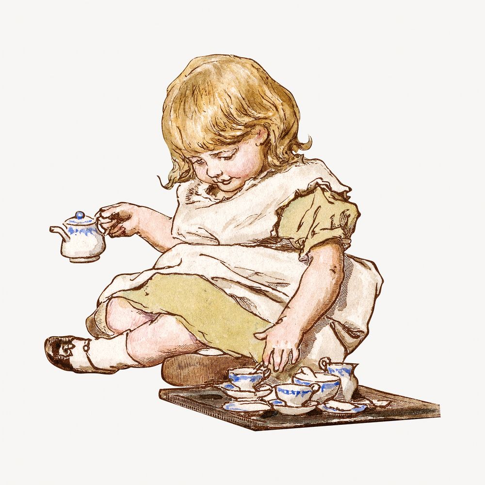 Little girl drinking tea illustration. Remixed by rawpixel.