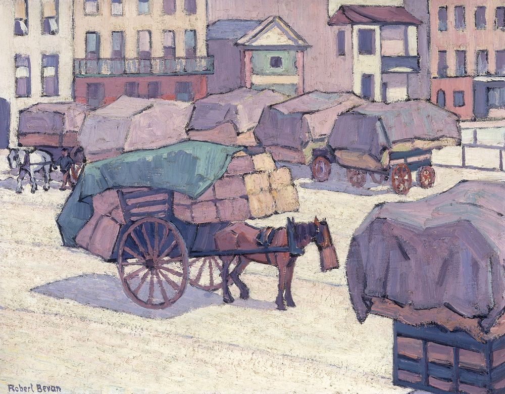 Hay Carts, Cumberland Market (1915) oil painting art by Robert Polhill Bevan. Original public domain image from Yale Center…