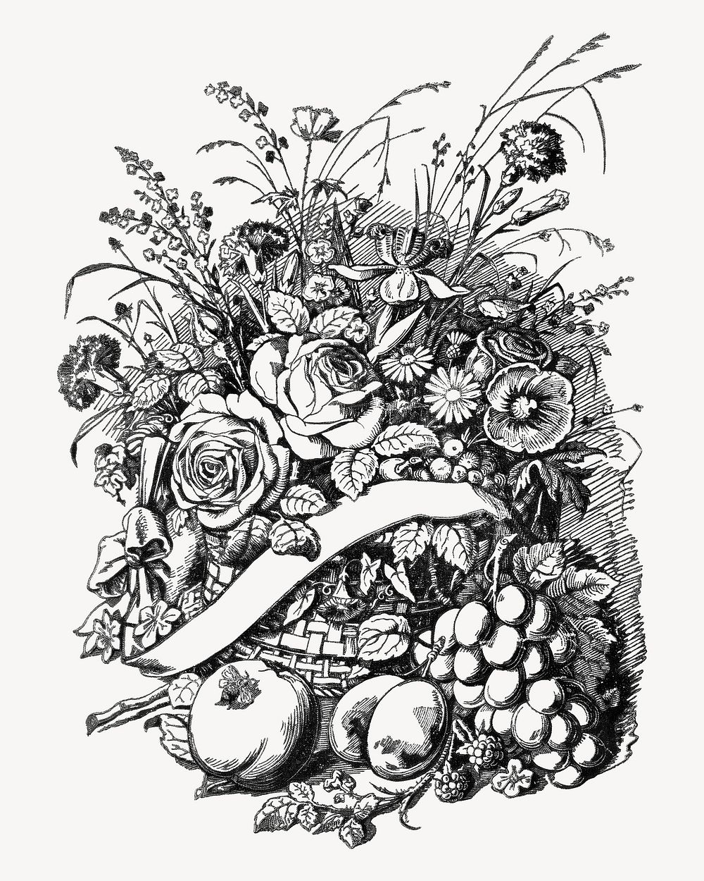 Vintage flowers black & white illustration. Remixed from our own original 1879 edition of Nederlandsche Flora en Pomona. 