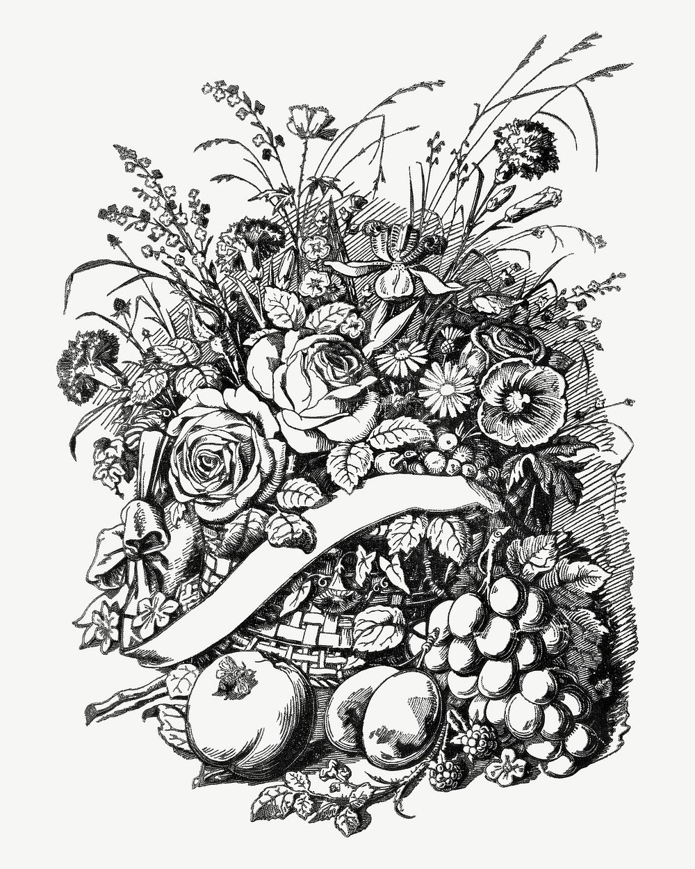 Vintage flowers black & white illustration, collage element psd. Remixed from our own original 1879 edition of Nederlandsche…