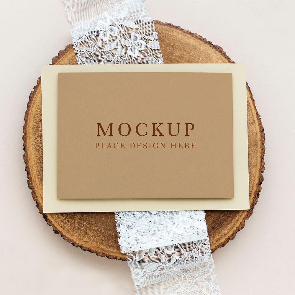 Brown card template mockup on a wooden plate