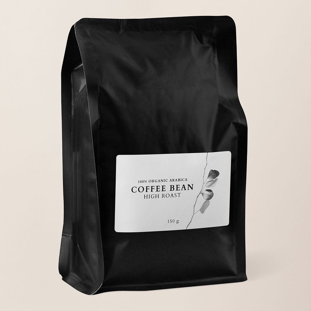 Label mockup psd, black coffee bag, pouch packaging design, isolated object