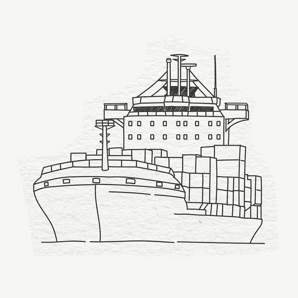 Cargo ship, industry, line art collage element psd