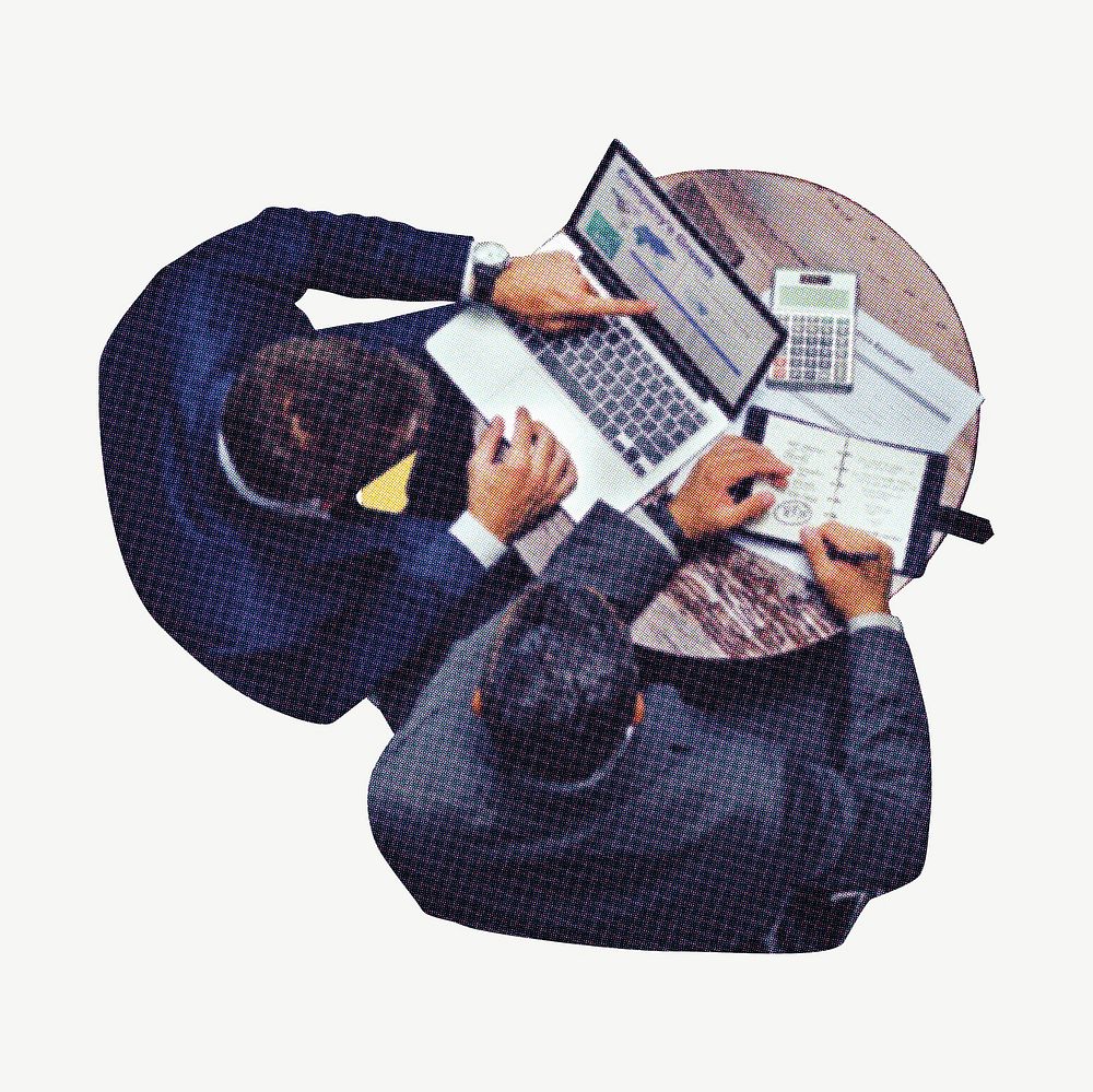 Businessmen working with laptop collage element psd