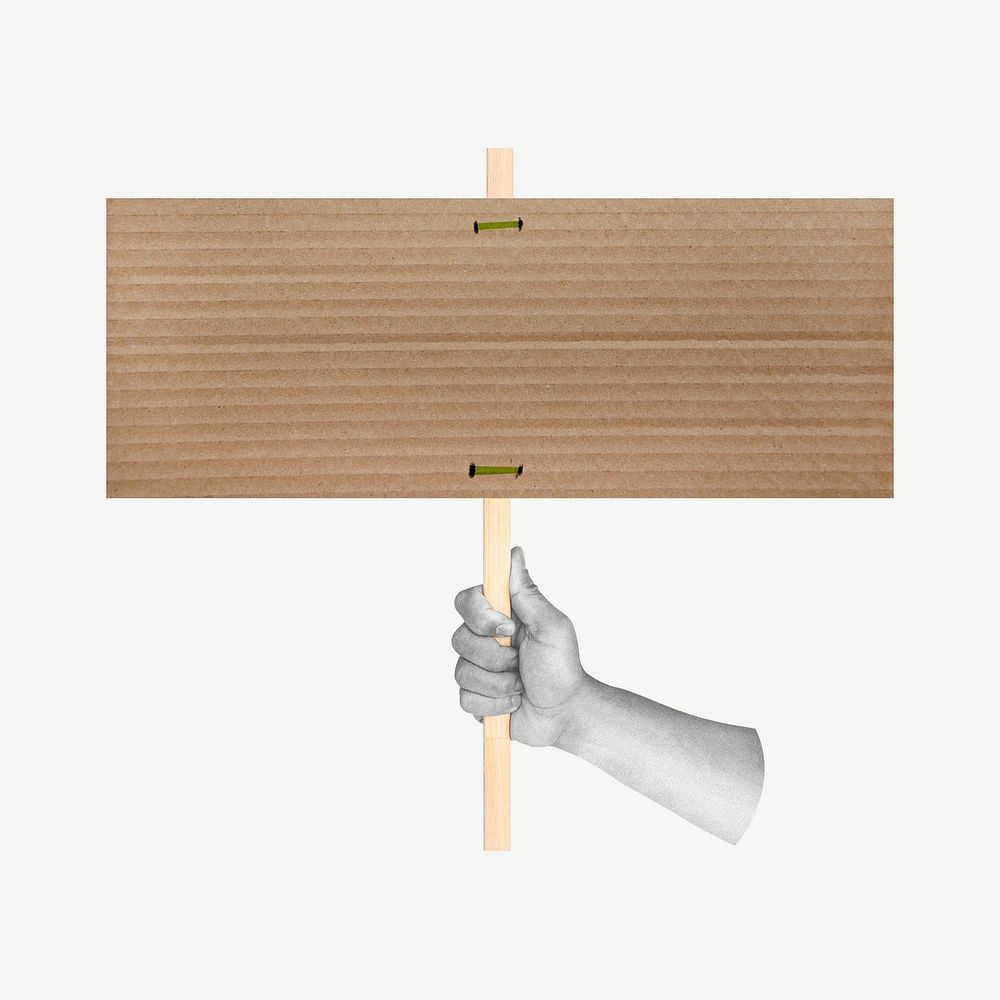Hand holding cardboard sign collage element psd