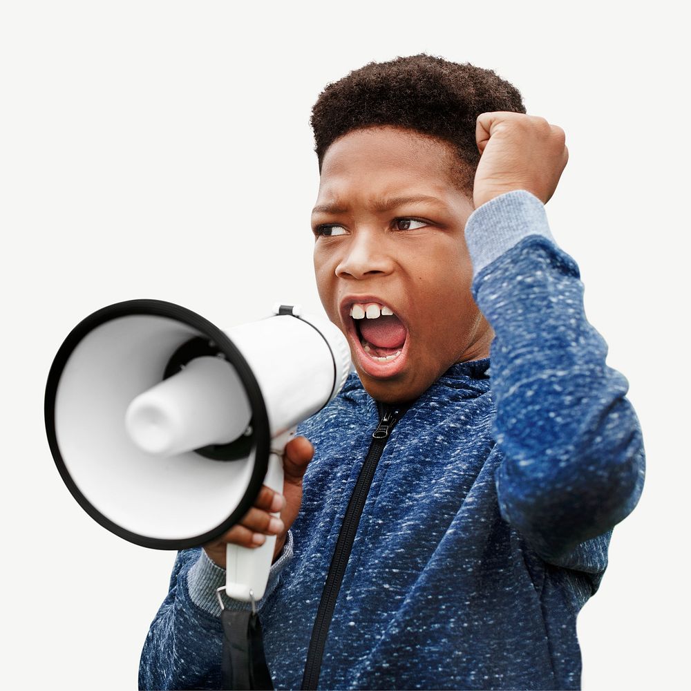 Black boy shouting into megaphone collage element psd