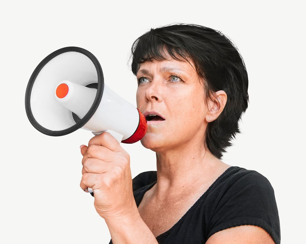 Woman talking into megaphone collage element psd