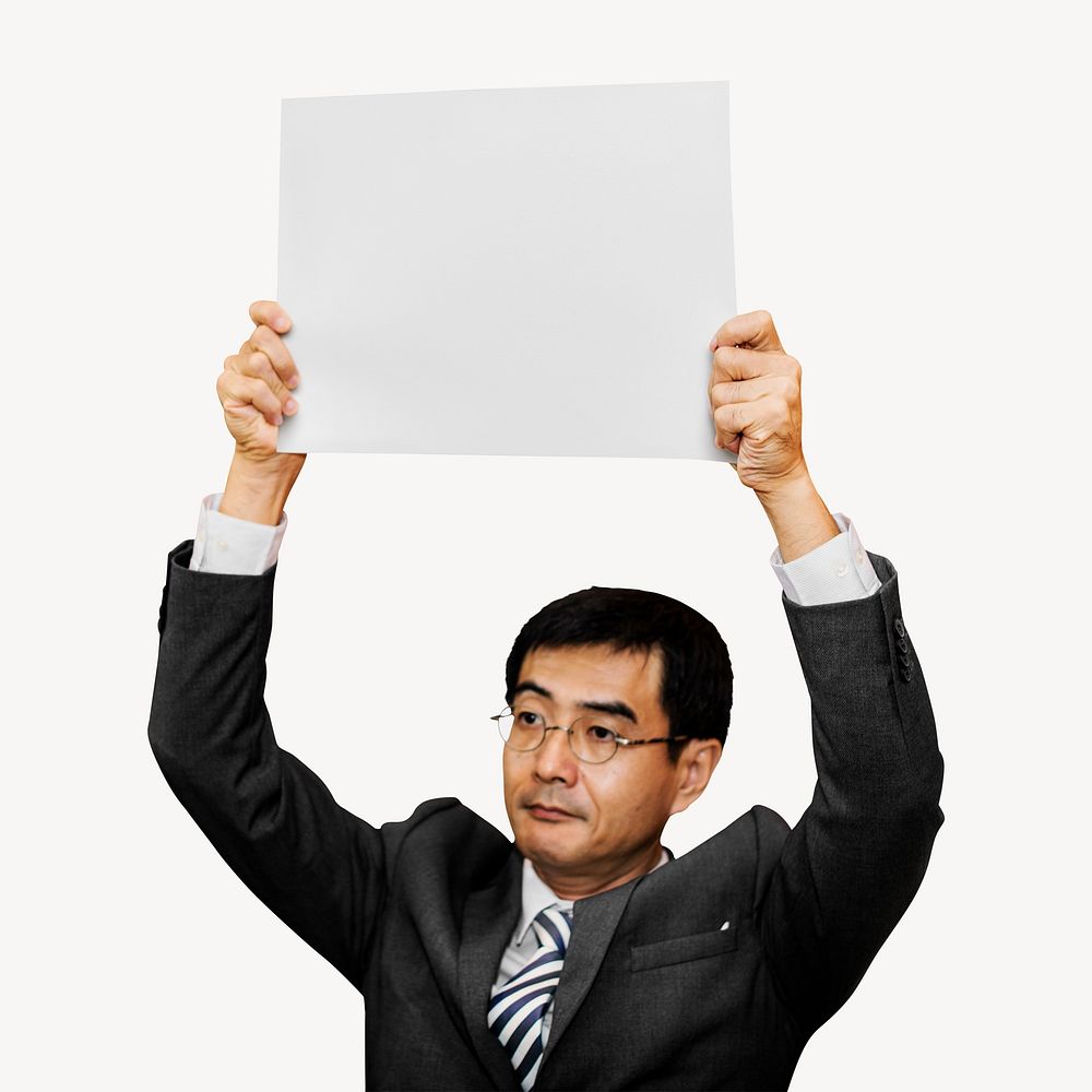 Asian businessman holding sign