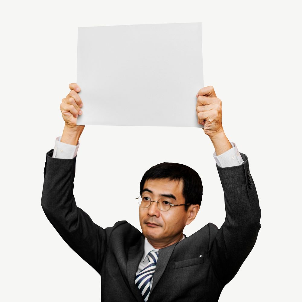 Asian businessman holding sign collage element psd