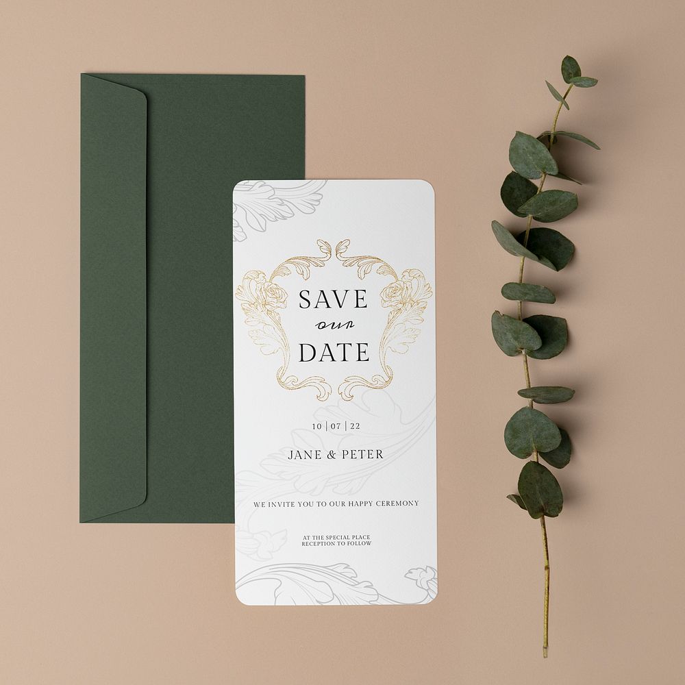 Wedding invitation card mockup with gold vintage ornamental graphic psd
